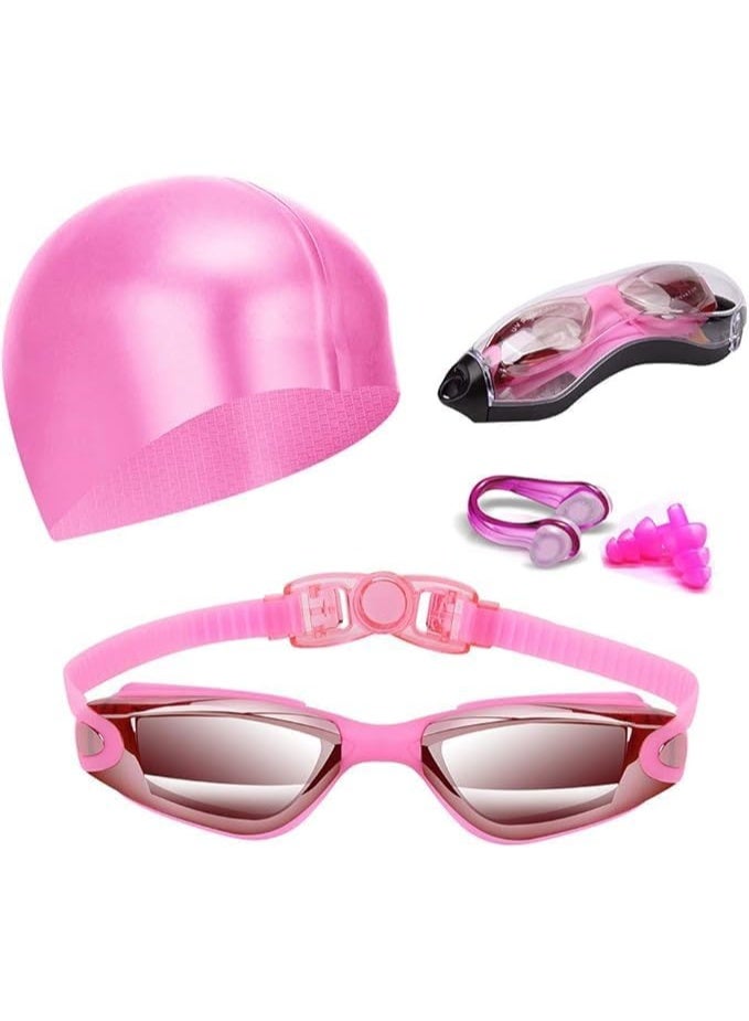 بايتوري مجموعة نظارات السباحة الوردية مع قبعة سباحة سيليكون للبالغين | عدسات مضادة للضباب وبحماية من الأشعة فوق البنفسجية ومقاومة للماء | مع مشبك للأنف وسدادات للأذن - Image 1