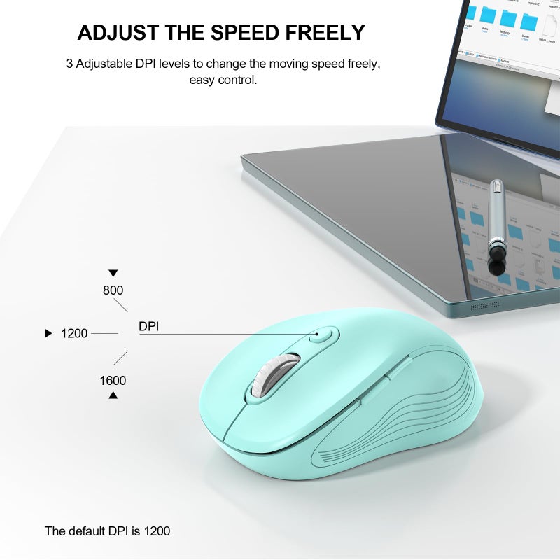 WisFox 2.4G Wireless Mouse for Laptop, Ergonomic Computer Mouse with USB Receiver and Type-C Adapter, 3 Adjustable Levels DPI, 6 Button Cordless Wireless Mice (Mint Green, 1 Pack) - Image 3