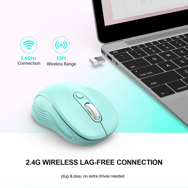 WisFox 2.4G Wireless Mouse for Laptop, Ergonomic Computer Mouse with USB Receiver and Type-C Adapter, 3 Adjustable Levels DPI, 6 Button Cordless Wireless Mice (Mint Green, 1 Pack) - Image 2