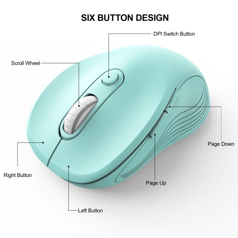 WisFox 2.4G Wireless Mouse for Laptop, Ergonomic Computer Mouse with USB Receiver and Type-C Adapter, 3 Adjustable Levels DPI, 6 Button Cordless Wireless Mice (Mint Green, 1 Pack) - Image 4