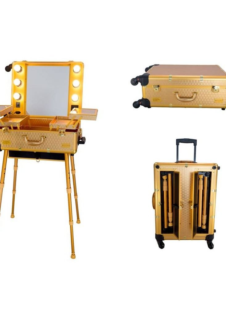 MAYLAN - Makeup Box Cosmetic Train Stand Case With Trolley And Lights Gold  Medium - Image 1
