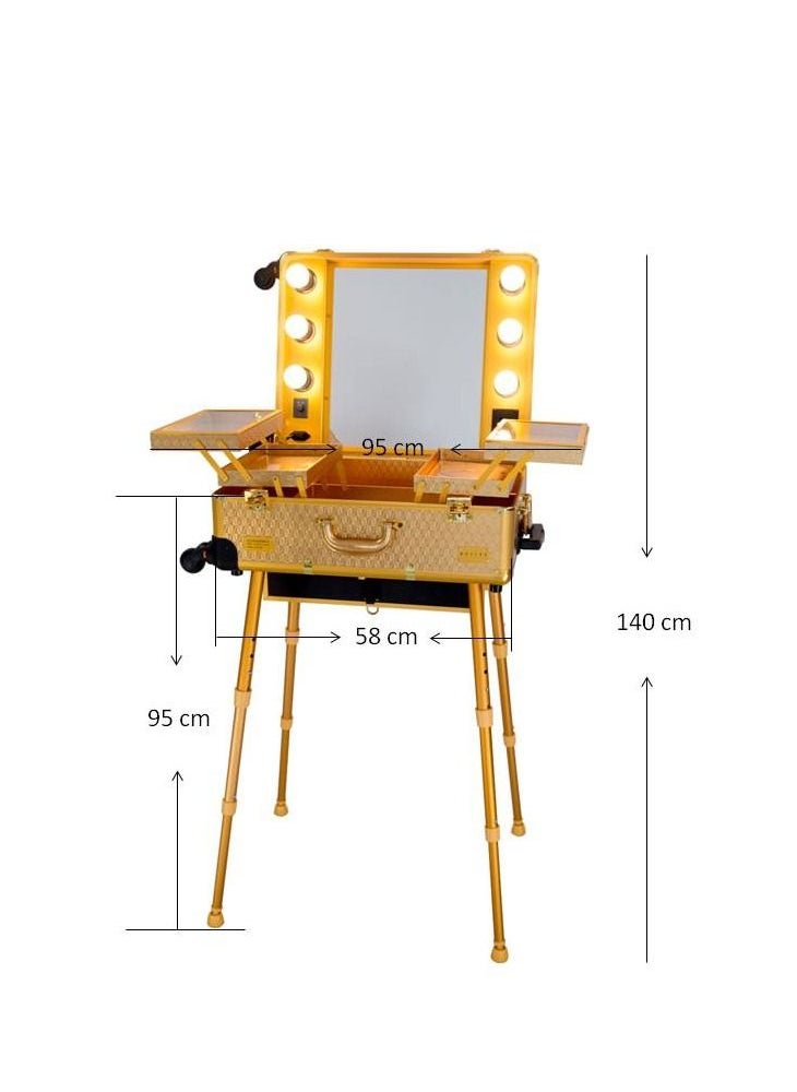 MAYLAN - Makeup Box Cosmetic Train Stand Case With Trolley And Lights Gold  Medium - Image 1