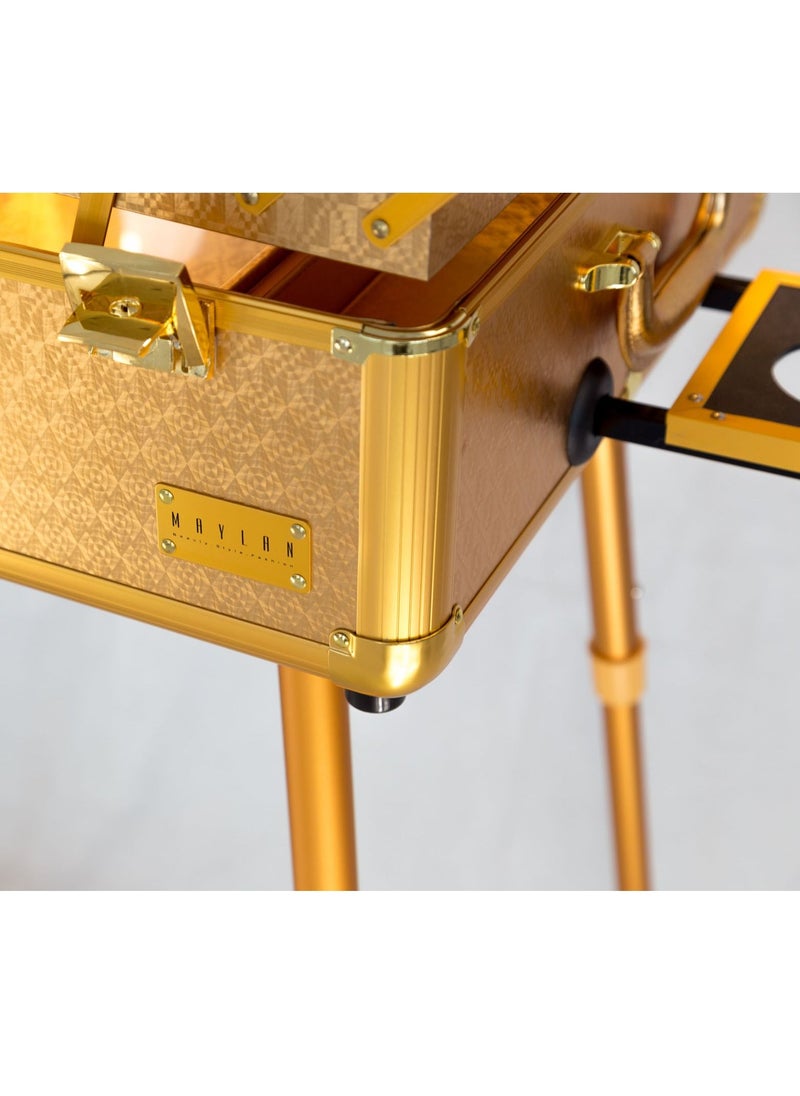 MAYLAN - Makeup Box Cosmetic Train Stand Case With Trolley And Lights Gold  Medium - Image 1