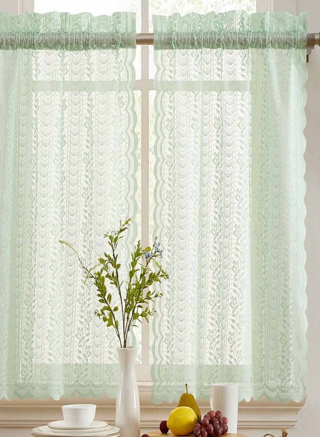 HLC.ME Sophia Floral Rod Pocket Lace Semi Sheer Voile Short Cafe Tiers for Small Windows - 28 x 36 Inch Length (Seafoam Green Tiers, Set of 2) - Image 1