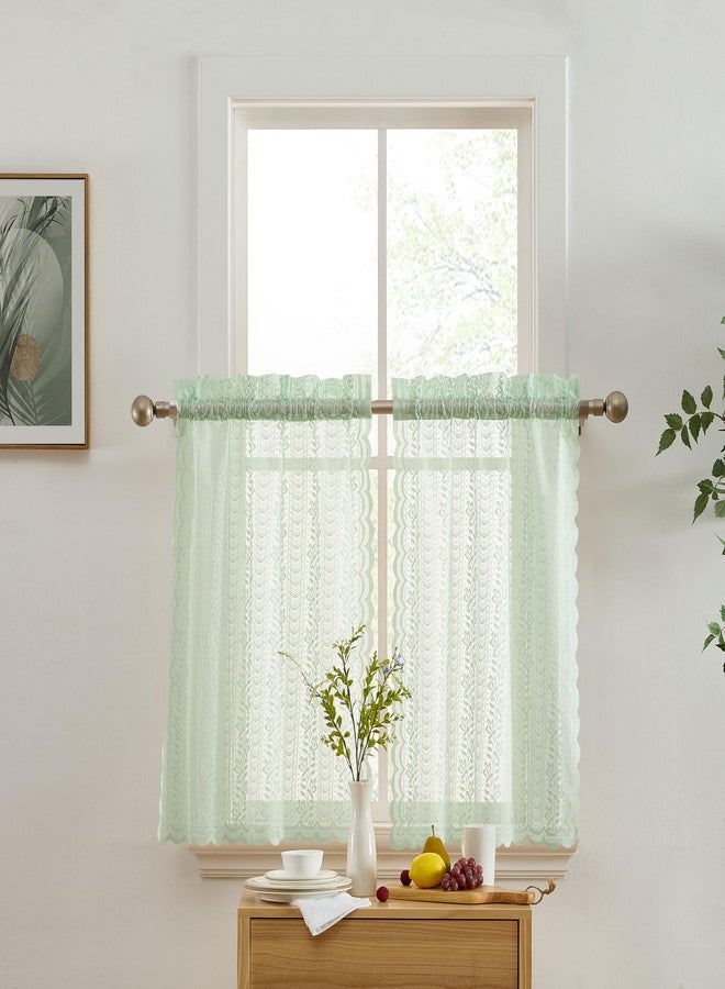 HLC.ME Sophia Floral Rod Pocket Lace Semi Sheer Voile Short Cafe Tiers for Small Windows - 28 x 36 Inch Length (Seafoam Green Tiers, Set of 2) - Image 3