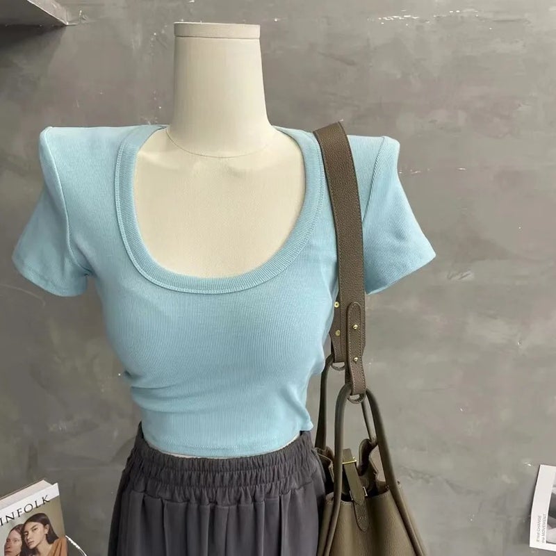 Baby Blue Shoulder Crewneck Short-Sleeved T-Shirt Women'S Summer Short High Waist Navel Slim-Fit Slim-Fit Tight T-Shirt Clothes Trendy - Image 1