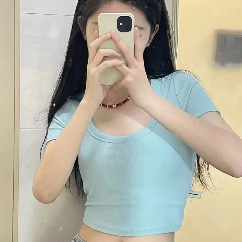 Baby Blue Shoulder Crewneck Short-Sleeved T-Shirt Women'S Summer Short High Waist Navel Slim-Fit Slim-Fit Tight T-Shirt Clothes Trendy - Image 2