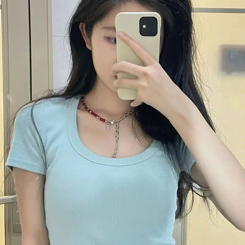 Baby Blue Shoulder Crewneck Short-Sleeved T-Shirt Women'S Summer Short High Waist Navel Slim-Fit Slim-Fit Tight T-Shirt Clothes Trendy - Image 4