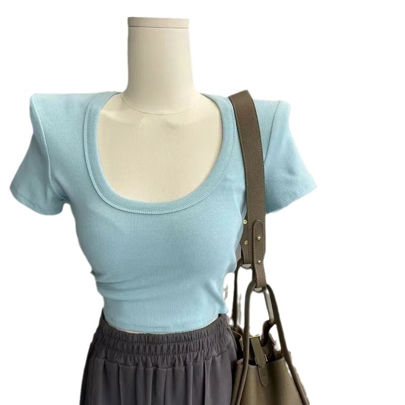 Baby Blue Shoulder Crewneck Short-Sleeved T-Shirt Women'S Summer Short High Waist Navel Slim-Fit Slim-Fit Tight T-Shirt Clothes Trendy - Image 5
