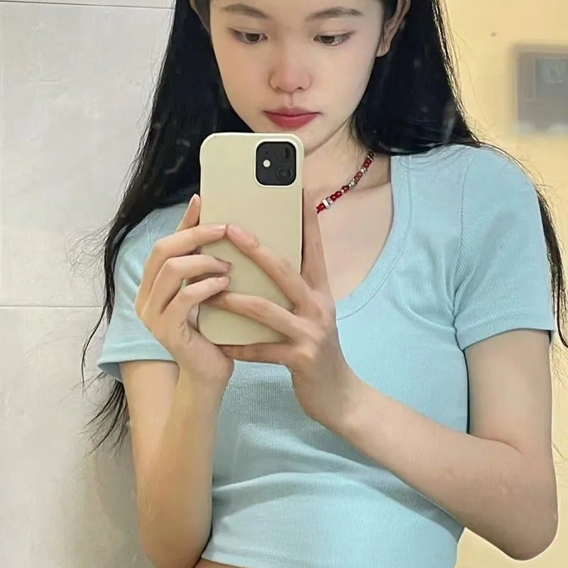 Baby Blue Shoulder Crewneck Short-Sleeved T-Shirt Women'S Summer Short High Waist Navel Slim-Fit Slim-Fit Tight T-Shirt Clothes Trendy - Image 3