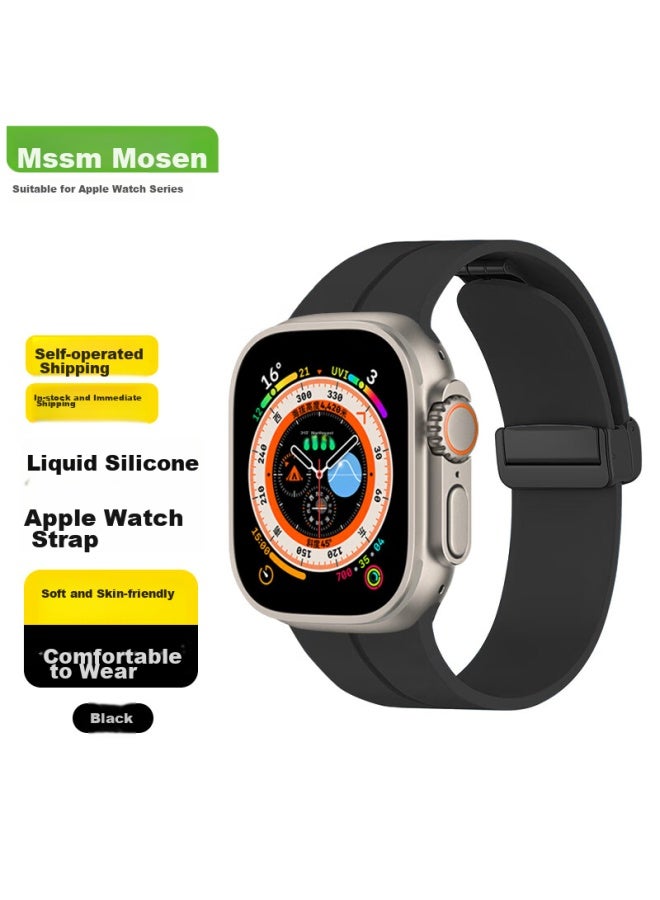 Mssm Compatible Apple Watch Band, Silicone Magnetic Folding Clasp Strap For Iwatch S10/9/8/7/se/ultra, Black, 44/45/46/49mm - Image 1