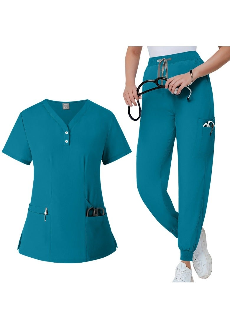 Loquat Solid Color Medical Uniform Scrubs 2 Piece Set V-Neck Top and Jogger Pants Suit Lake Blue - Image 1