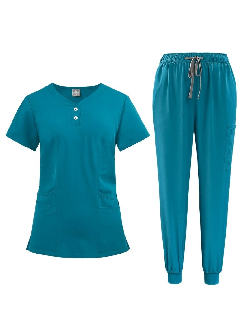 Loquat Solid Color Medical Uniform Scrubs 2 Piece Set V-Neck Top and Jogger Pants Suit Lake Blue - Image 2