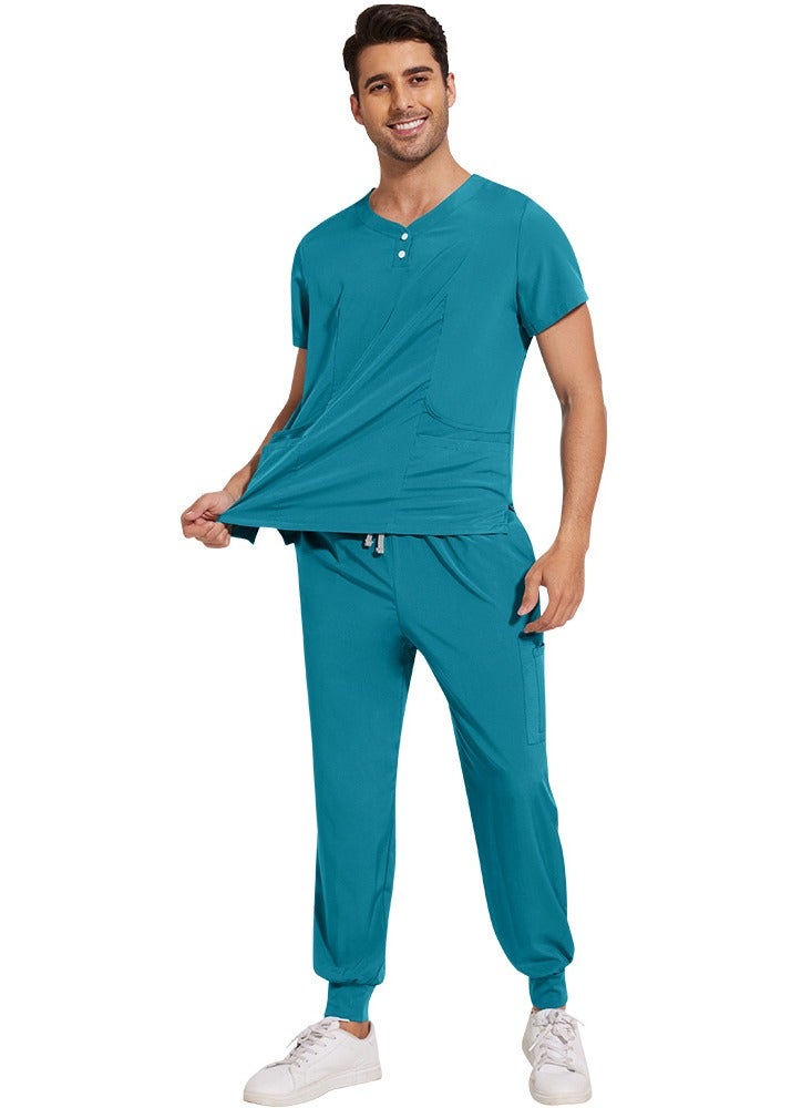 Loquat Solid Color Medical Uniform Scrubs 2 Piece Set V-Neck Top and Jogger Pants Suit Lake Blue - Image 4