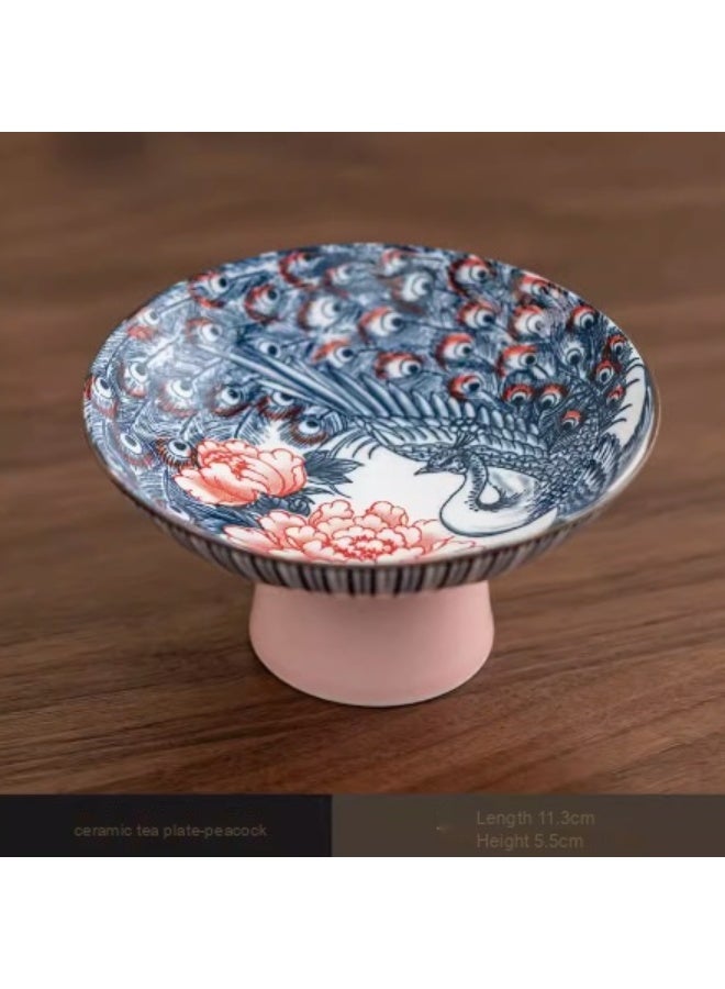 Elegant High-Footed Ceramic Snack Plate with Under-Glaze Blue Decoration for Tea Treats and Dried Fruits