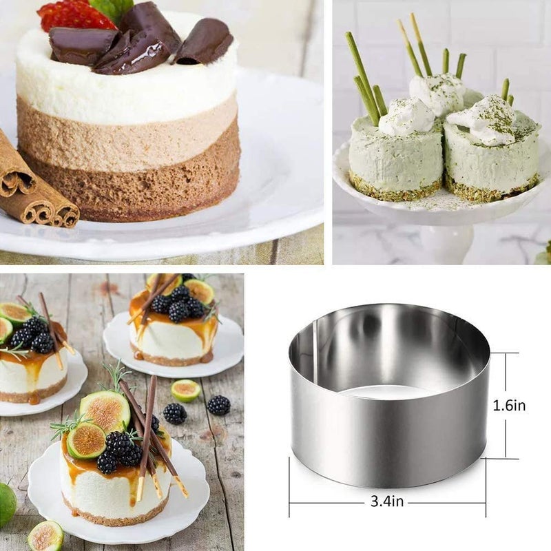 Defemim Round Cake Rings Cake Molds Set Of 4 Stainless Steel Mousse And Pastry Mini Baking Ring Mold Food Rings Dessert Rings Set Including 4 Rings & 4 Food Presses (4 Round) - Image 2
