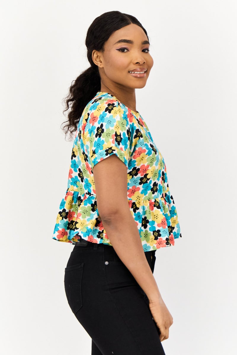 ONLY Women Round Neck Short Sleeve Floral Print Blouses, Multicolour  - Image 4