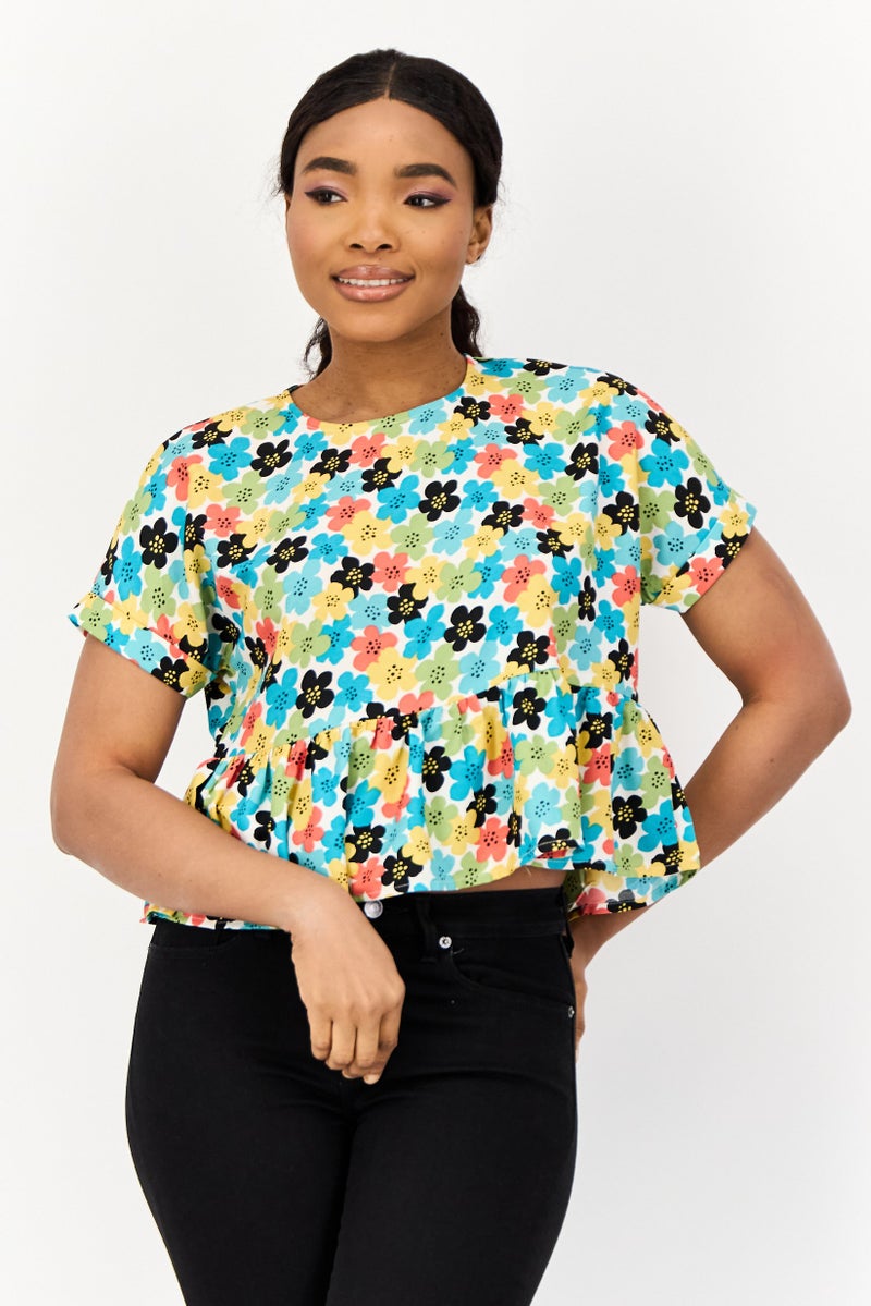 ONLY Women Round Neck Short Sleeve Floral Print Blouses, Multicolour  - Image 1