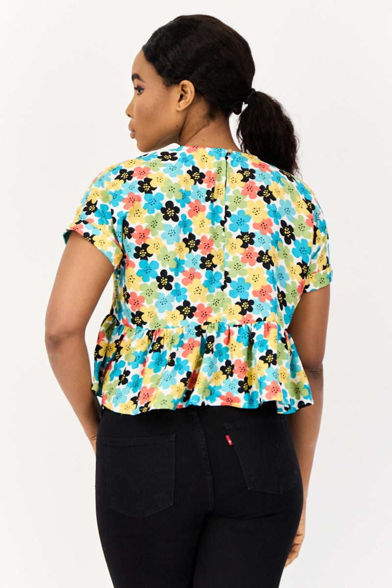 ONLY Women Round Neck Short Sleeve Floral Print Blouses, Multicolour  - Image 3