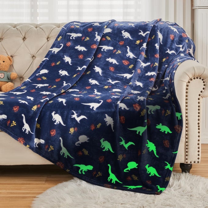 GLOW IN THE DARK THROW BLANKET 50 X 60 INCHES JURASSIC DINOSAUR PATTERN SOFT COZY FLANNEL FLEECE BLANKET FOR SONS DAUGHTERS ALL SEASONS NAVY BLUE PRESENTS BLANKET FOR PRETEENS TEENS
