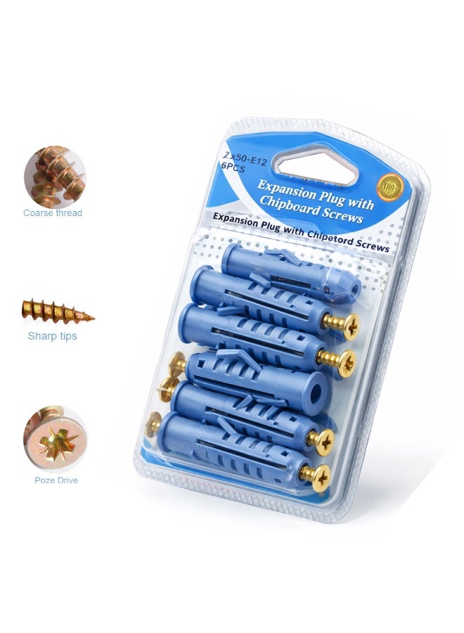 Expansion Pipe with Chipboard Screws 8x50 – 6 Sets Plastic Anchor Wall Plugs for Drywall, Concrete, and Brick – Heavy Duty Expansion Screw Kit for Secure Wall Mounting and Home Improvement - Image 1
