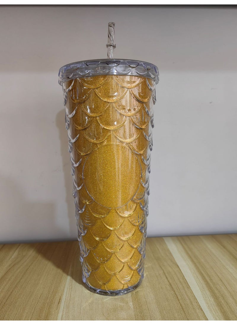 Generic - New factory direct supply double-layer plastic cup straw Cup fashion fish scale cup large capacity durian cup water cup straw Cup - Image 1