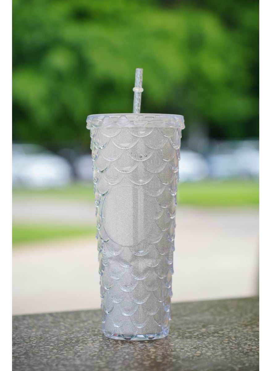 Generic - New factory direct supply double-layer plastic cup straw Cup fashion fish scale cup large capacity durian cup water cup straw Cup - Image 1