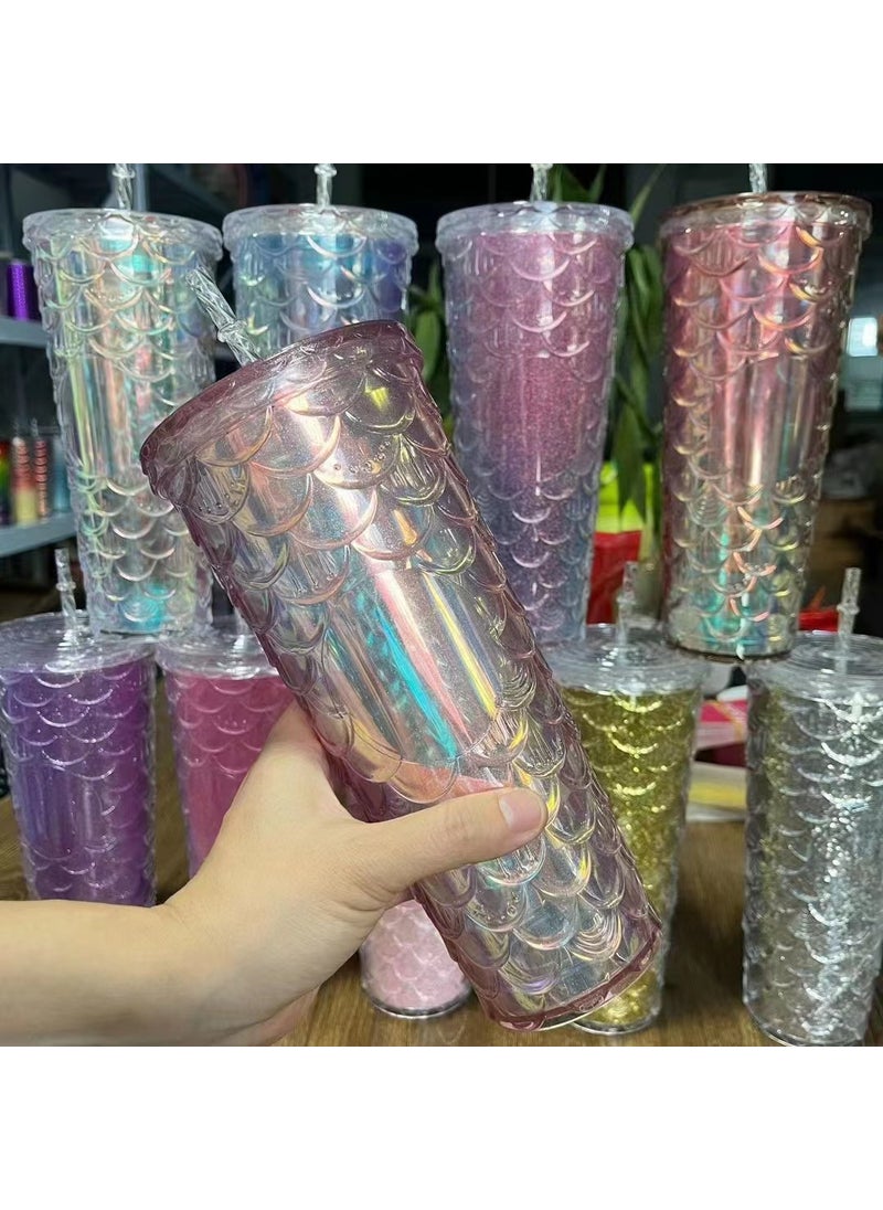 Generic - New factory direct supply double-layer plastic cup straw Cup fashion fish scale cup large capacity durian cup water cup straw Cup - Image 1