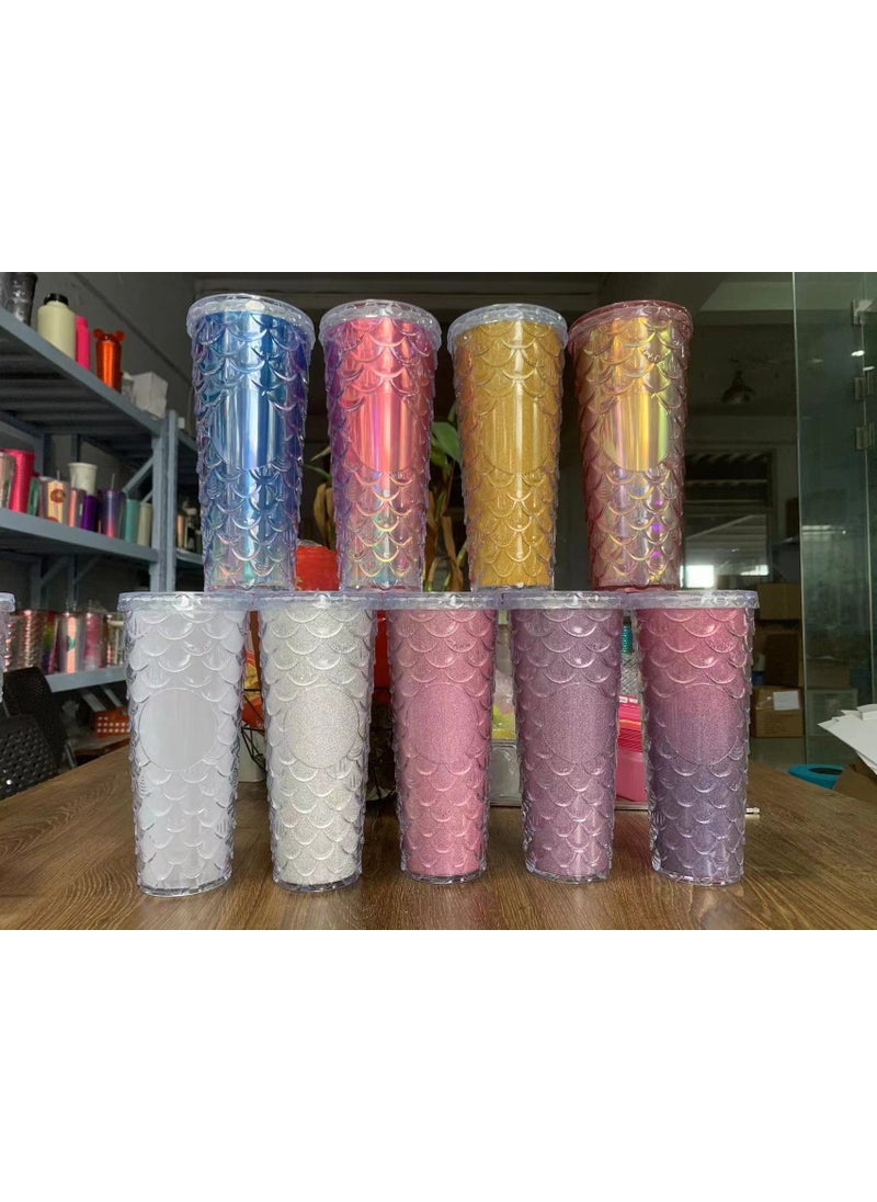 Generic - New factory direct supply double-layer plastic cup straw Cup fashion fish scale cup large capacity durian cup water cup straw Cup - Image 1