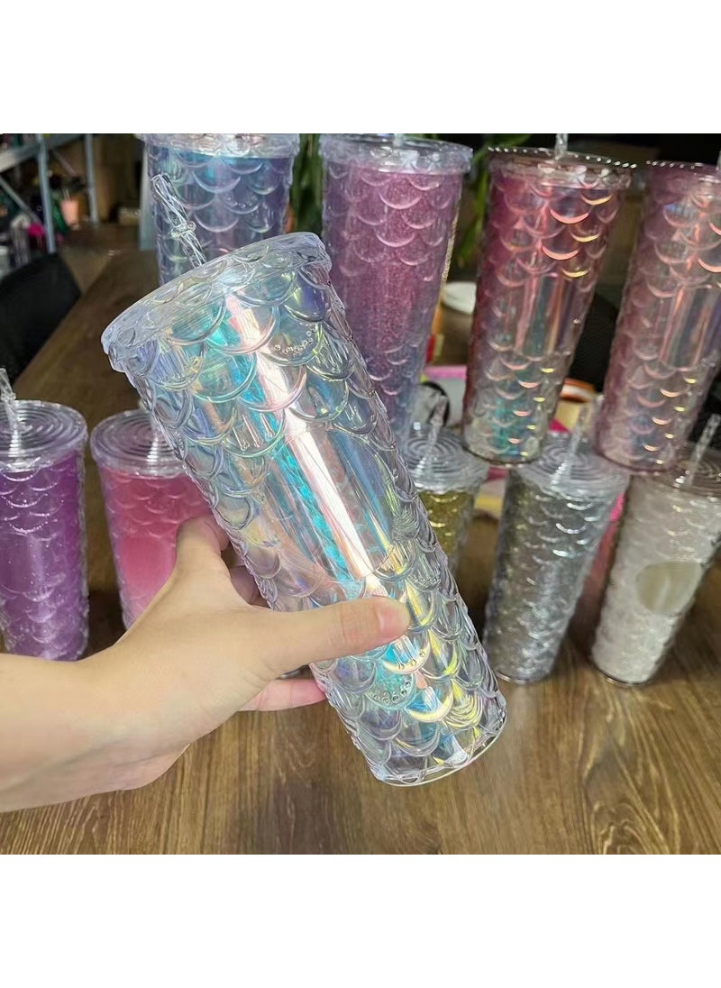 Generic - New factory direct supply double-layer plastic cup straw Cup fashion fish scale cup large capacity durian cup water cup straw Cup - Image 1