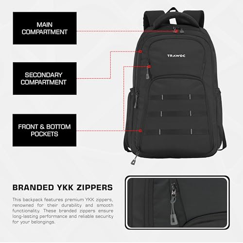 TRAWOC 35L Laptop Backpack TPB05 | Office & Travel Bag with 16-Inch Padded Laptop Compartment, USB Charging Port - 3-Year Warranty, Black - Image 2