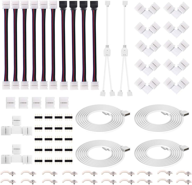 iCreating 4Pin RGB LED Strip Connector Kit - Include 5050 2 Way RGB Splitter Cable, 6.6feet RGB Extension Cable, RGB Controller Jumper, LED RGB Jumper, L and T Shape Connectors, Male Connector, LED Strip Clip - Image 1
