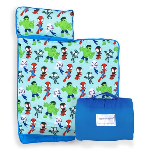 Jay Franco Kids Nap Mat Cartoon Embedded Pillow Blanket Soft 46x20Microfiber Sleeping Bag with Name Tag Handle for School Travel Sleepover Blue Spidey Friends - Image 1
