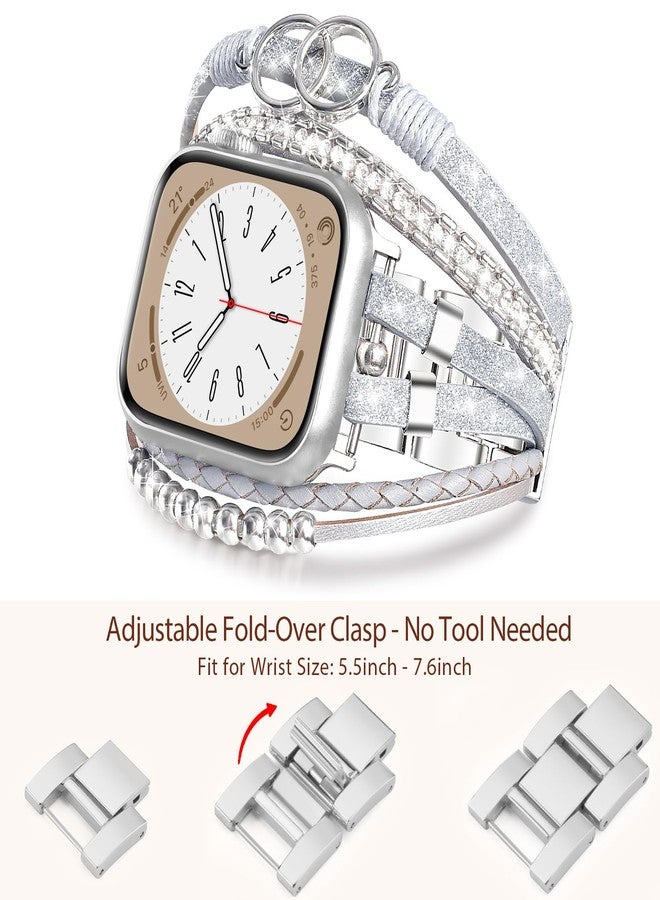 MOFREE Boho Leather Bracelet Compatible with Apple Watch Band 38mm 40mm 41mm Women, Adjustable iPhone Watch Bands Fancy Jewelry Multilayer Strap Wrap for iWatch Bands Series 9 8 7 6 5 4 3 2 1 SE - Image 3