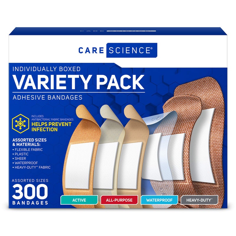 Care Science Variety Bandages Pack, 300 ct Bulk Assorted Sizes | Includes Active, All-Purpose, Waterproof, Heavy-Duty | Breathable Protection for First Aid - Image 1