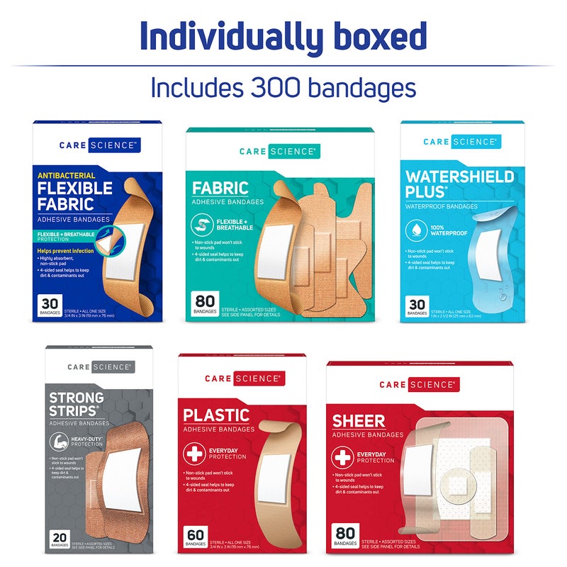 Care Science Variety Bandages Pack, 300 ct Bulk Assorted Sizes | Includes Active, All-Purpose, Waterproof, Heavy-Duty | Breathable Protection for First Aid - Image 3