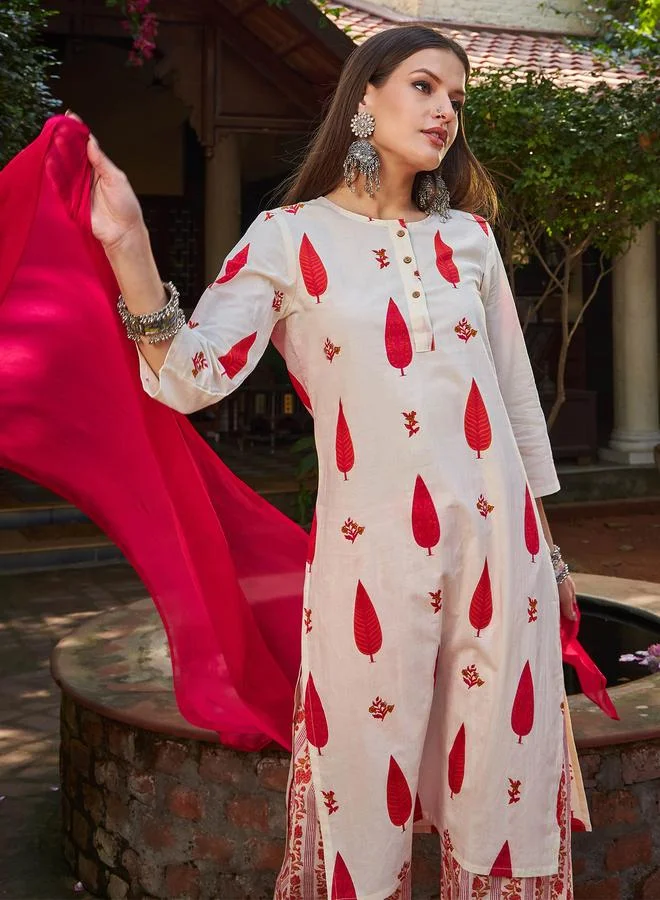 SASSAFRAS SASSAFRAS White and Red Floral Straight Kurta with Pencil Pants and Dupatta Set