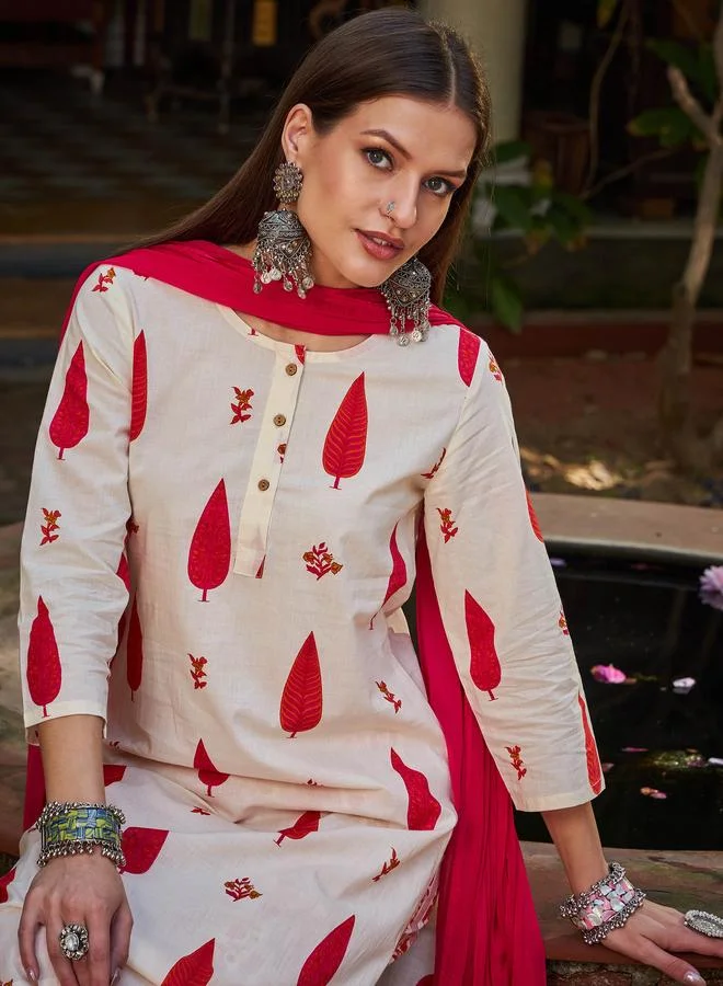 SASSAFRAS SASSAFRAS White and Red Floral Straight Kurta with Pencil Pants and Dupatta Set