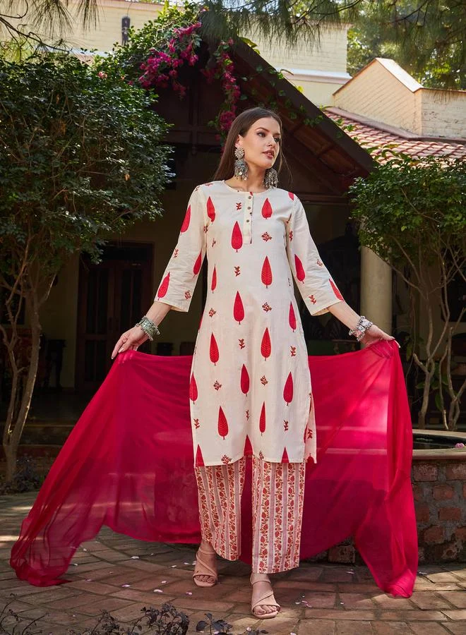 SASSAFRAS SASSAFRAS White and Red Floral Straight Kurta with Pencil Pants and Dupatta Set