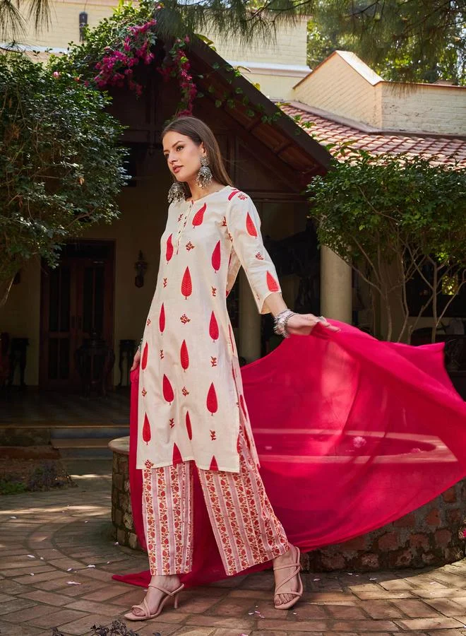 SASSAFRAS SASSAFRAS White and Red Floral Straight Kurta with Pencil Pants and Dupatta Set