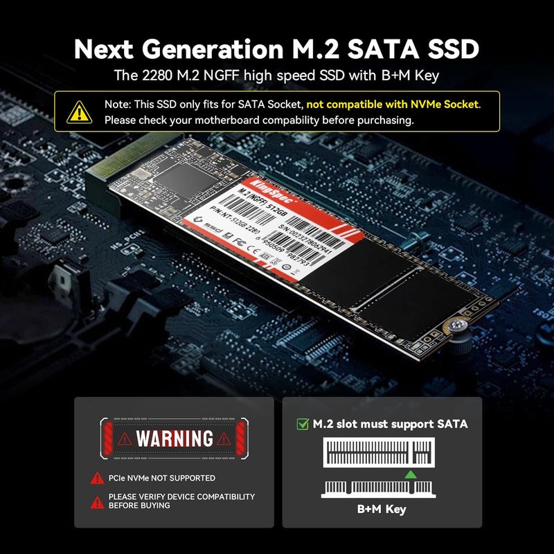 KingSpec NT Series 512GB M.2 2280 SATA SSD - Not Compatible with NVMe Socket, Sata3 6Gb/s Internal Solid State Drive, for Ultrabook & Laptop & Desktop - Image 2