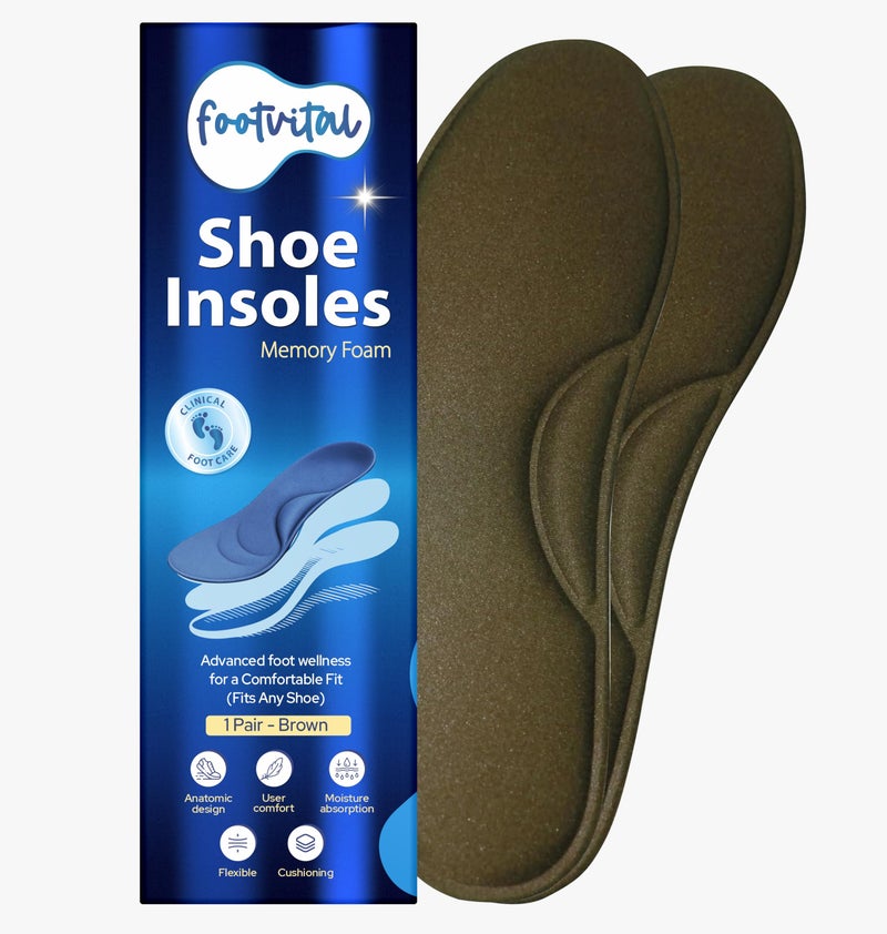 Footvital Memory Foam Shoe Insoles - Size 6 (Brown) (1 Pair) – Comfort Cushion Insoles for Men & Women, Shock Absorbing Shoe Inserts for Everyday Walking, Work Shoes & Sneakers – Soft Fit Foot Support - Image 1