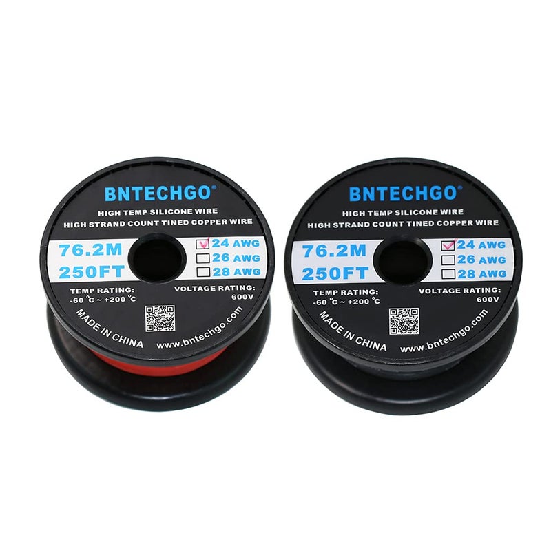 BNTECHGO سلك سيليكون BNTECHGO 24 قياس لفة أحمر وأسود كل 250 قدم مرن 24 AWG نحاس معزول مشبك - Image 2