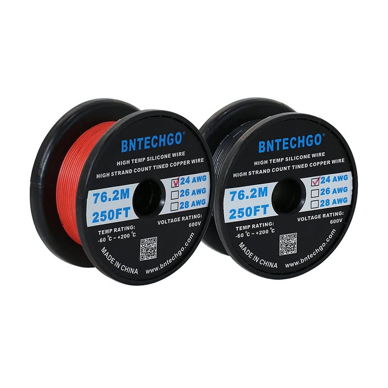 BNTECHGO سلك سيليكون BNTECHGO 24 قياس لفة أحمر وأسود كل 250 قدم مرن 24 AWG نحاس معزول مشبك - Image 1