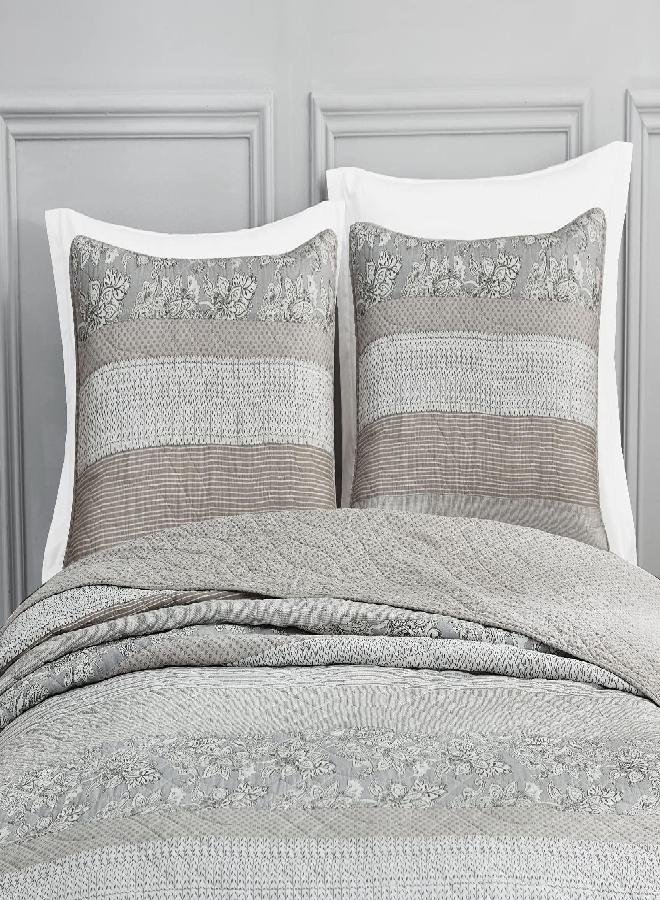 Chezmoi Collection Chezmoi Collection Robyn 3-Piece Neutral Taupe Gray White Floral Hibiscus Flower Patchwork Striped Quilt Set - Pre-Washed Cotton Coverlet - Lightweight Reversible Bedspread, King Size  - Image 2