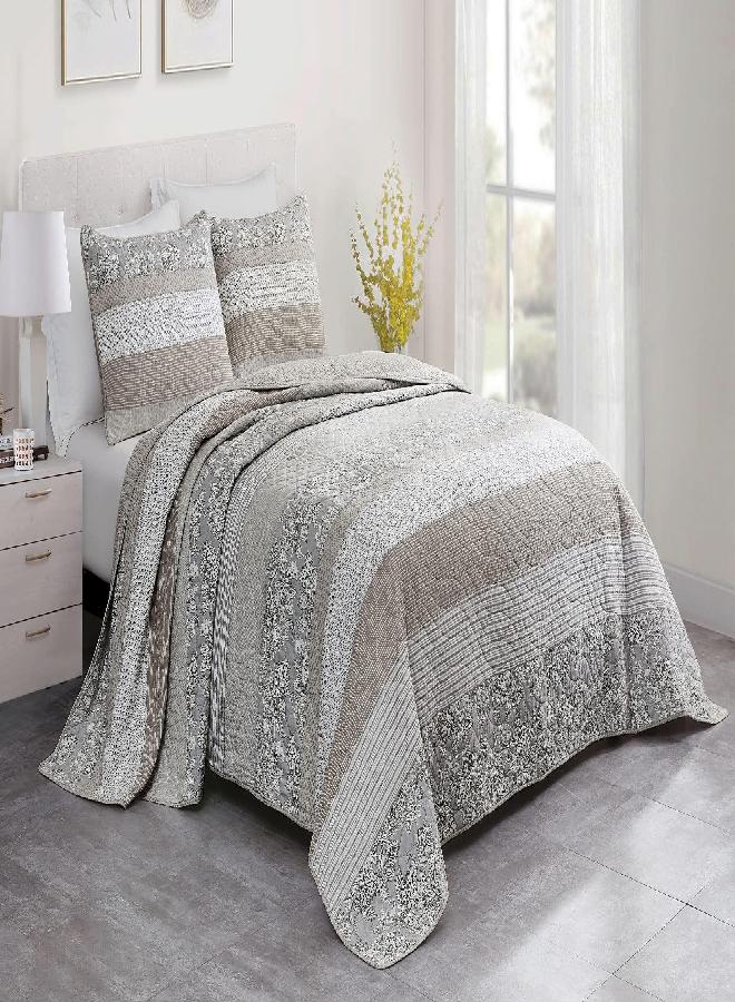 Chezmoi Collection Chezmoi Collection Robyn 3-Piece Neutral Taupe Gray White Floral Hibiscus Flower Patchwork Striped Quilt Set - Pre-Washed Cotton Coverlet - Lightweight Reversible Bedspread, King Size  - Image 3