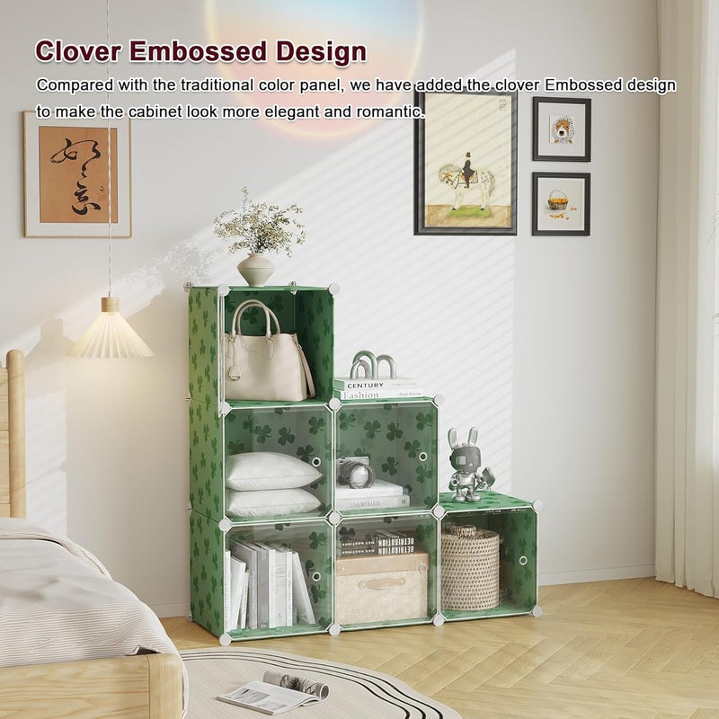 C&AHOME منظم تخزين مكعبات مع أبواب، 6 أرفف مكعبات، رفوف بلاستيكية معيارية DIY، أرفف تخزين ملابس خزانة مثالية لغرفة النوم، غرفة المعيشة، نقش البرسيم، أخضر - Image 5