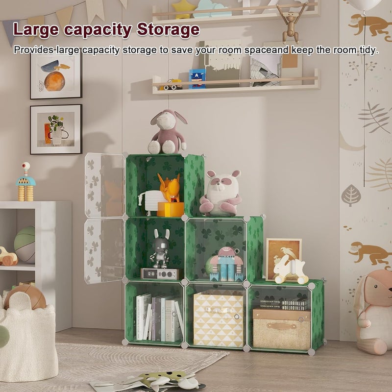 C&AHOME منظم تخزين مكعبات مع أبواب، 6 أرفف مكعبات، رفوف بلاستيكية معيارية DIY، أرفف تخزين ملابس خزانة مثالية لغرفة النوم، غرفة المعيشة، نقش البرسيم، أخضر - Image 3