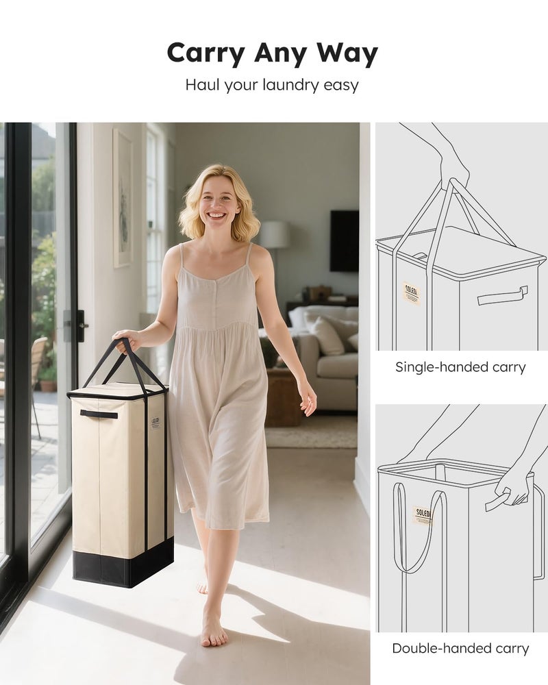 SOLEDI Slim Laundry Hamper with Lid,Collapsible Narrow Laundry Basket with Handles,Tall Skinny Dirty Clothes Hamper for Laundry Room,Dorm,Bathroom,Bedroom,and Small Spaces, 53L Beige - Image 4