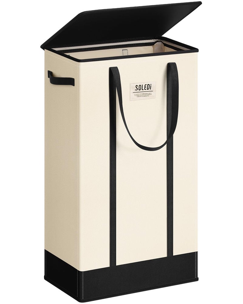 SOLEDI Slim Laundry Hamper with Lid,Collapsible Narrow Laundry Basket with Handles,Tall Skinny Dirty Clothes Hamper for Laundry Room,Dorm,Bathroom,Bedroom,and Small Spaces, 53L Beige - Image 1